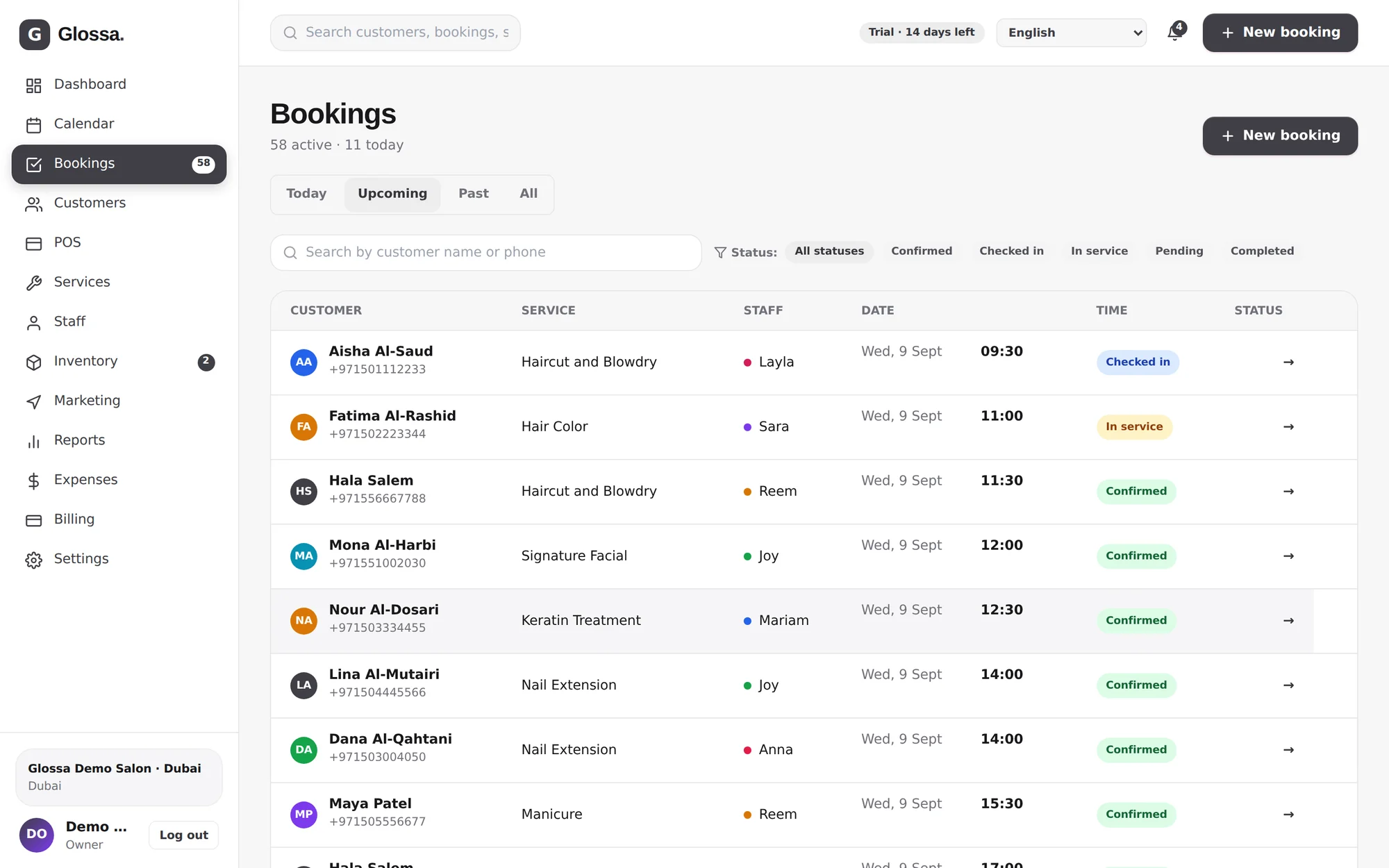 Glossa bookings list showing status for every appointment