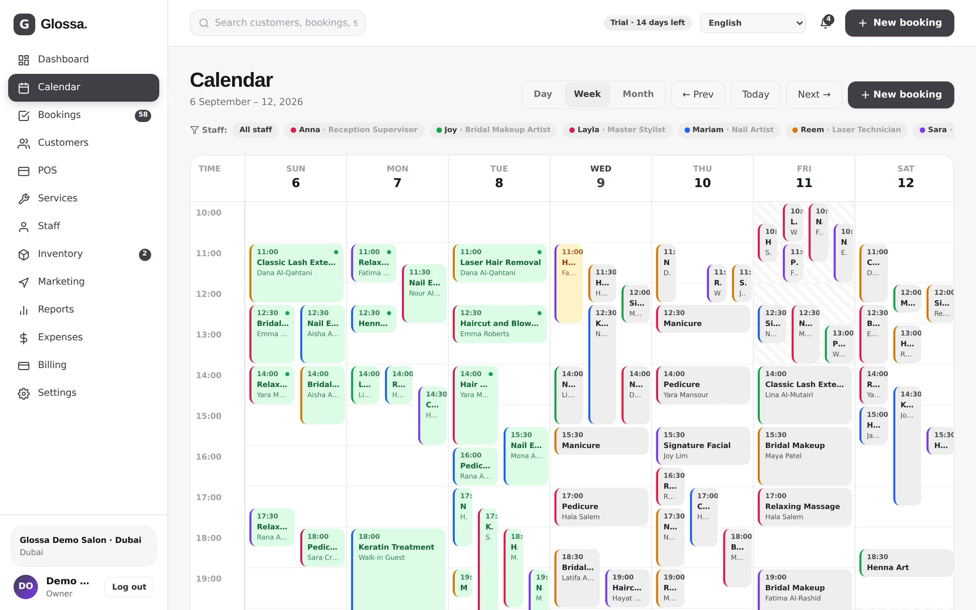 Glossa week calendar with one column per stylist