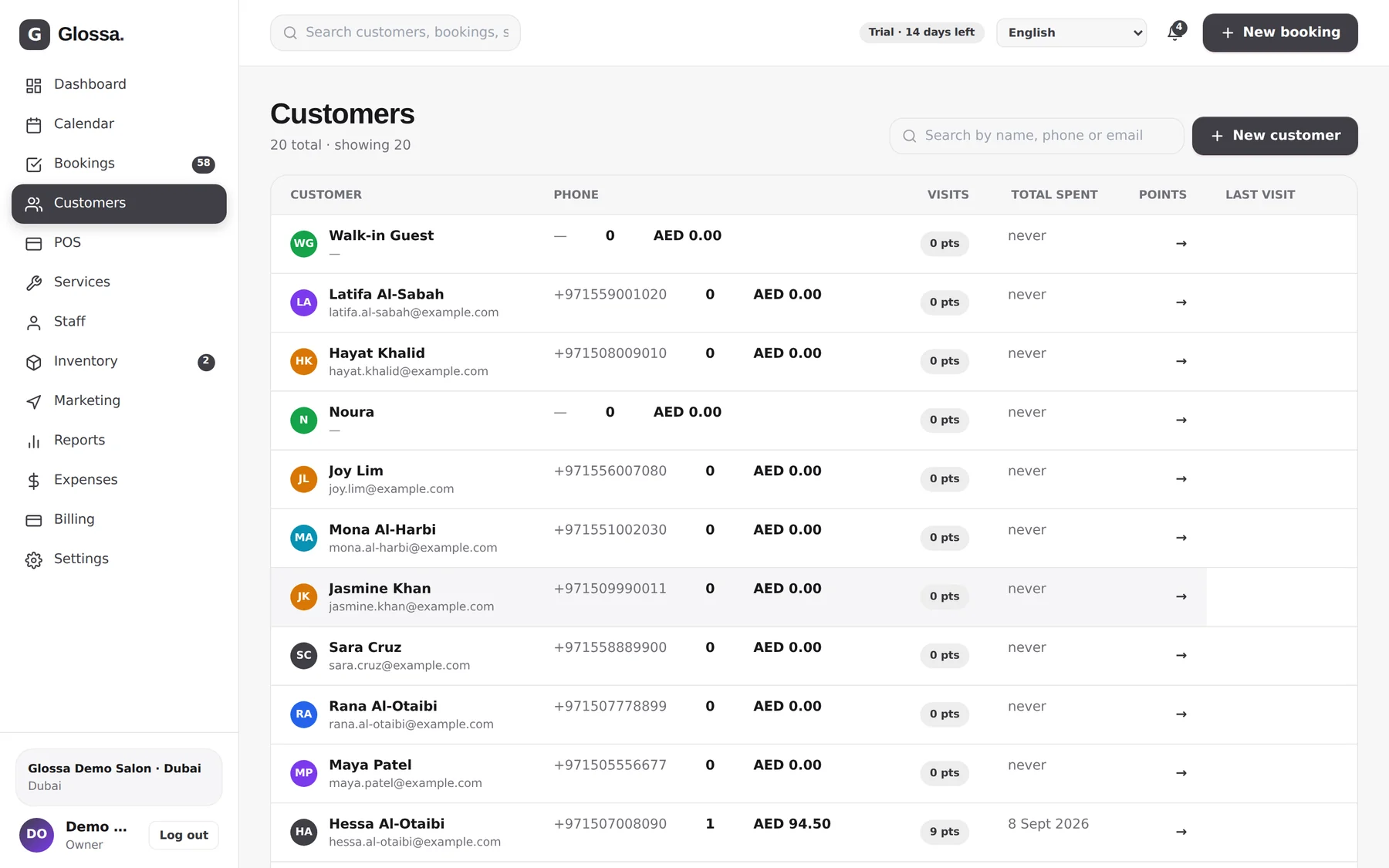 Glossa client list with visit history