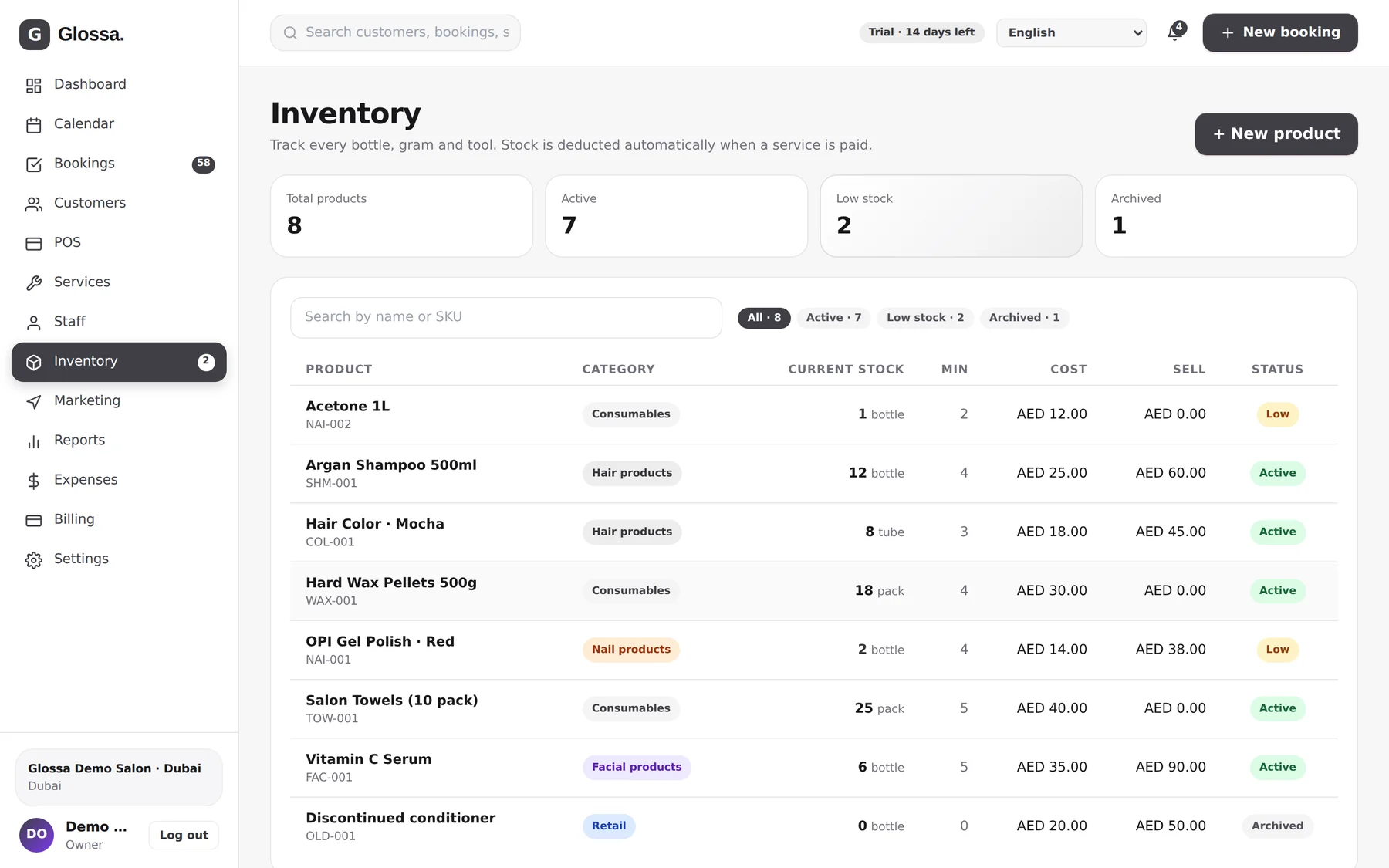 Glossa inventory with low-stock warnings