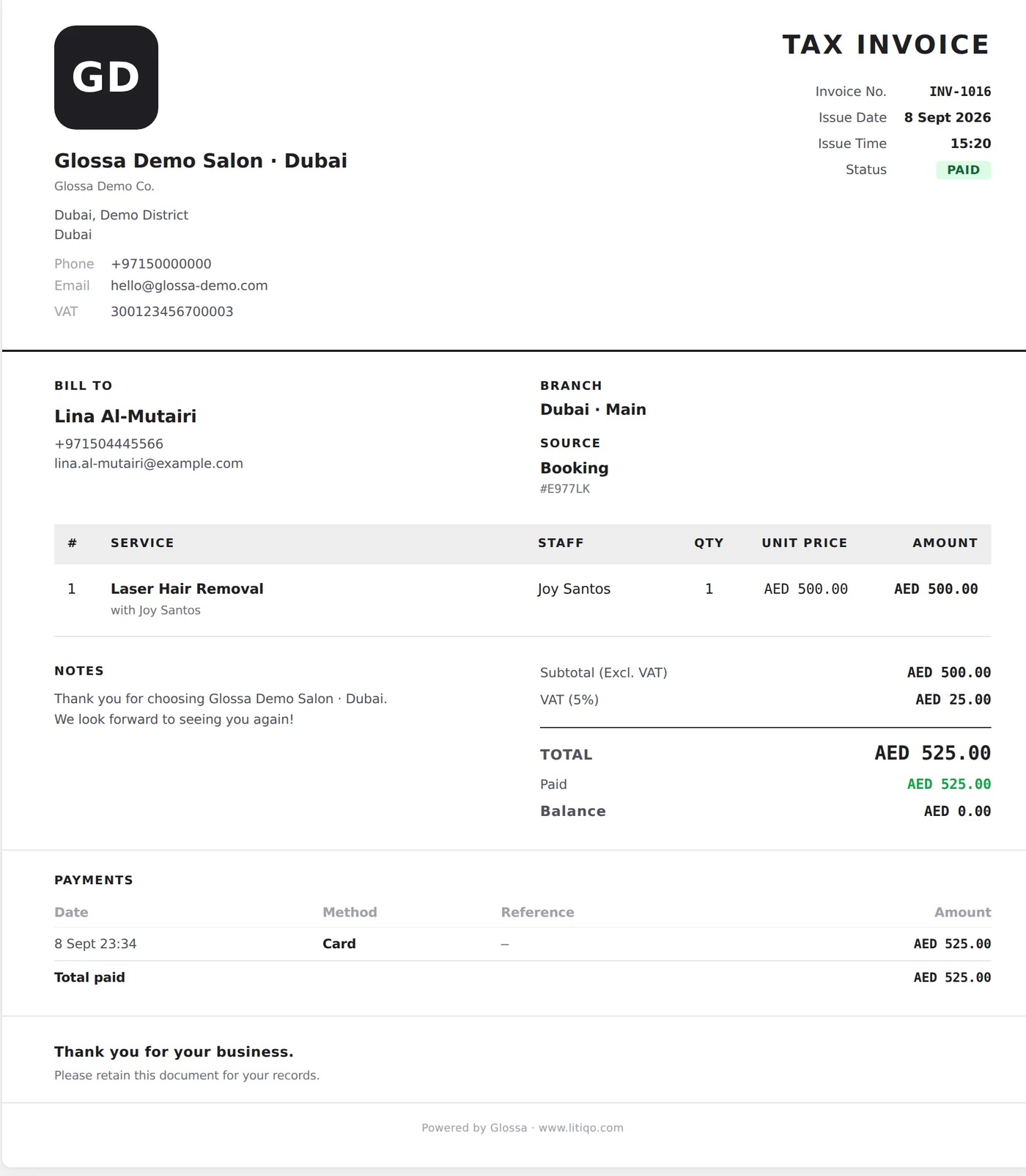 A Glossa A4 tax invoice in dirhams, showing the salon's TRN and the 5% VAT breakdown