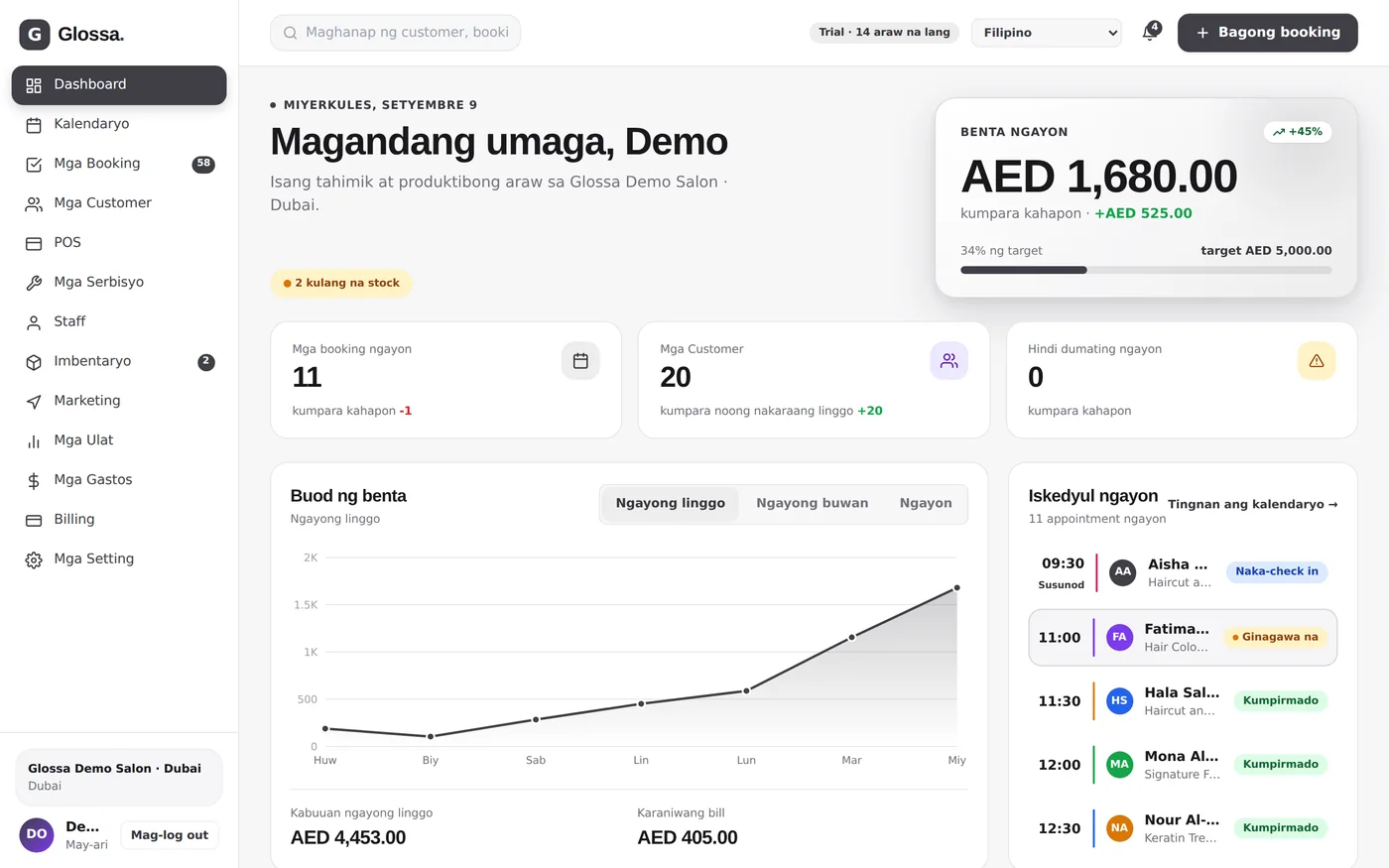 The Glossa dashboard in Tagalog