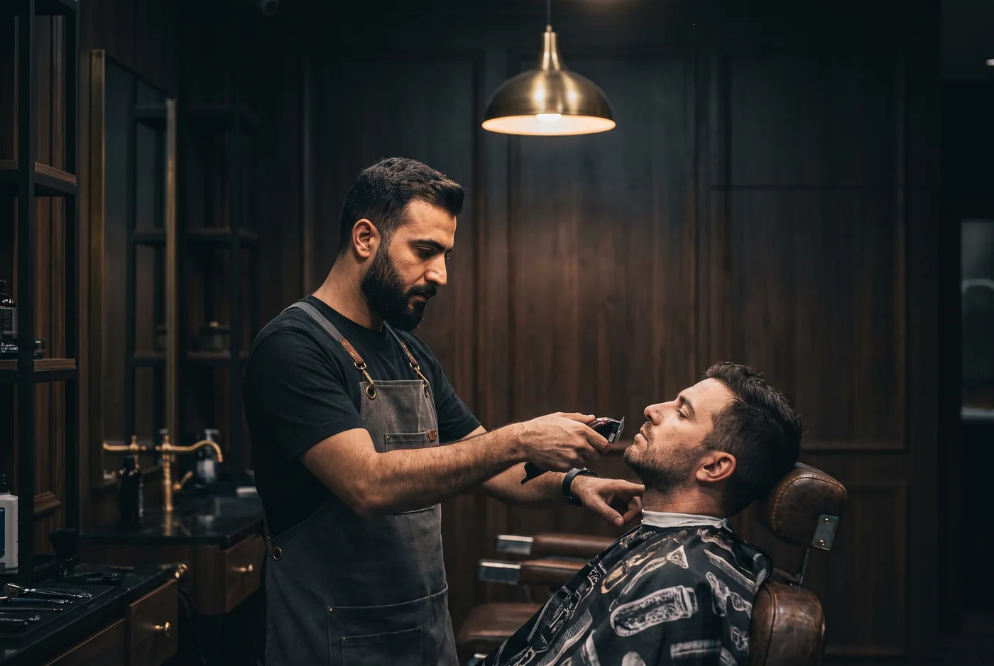A barber trimming a client's beard in a Dubai barbershop