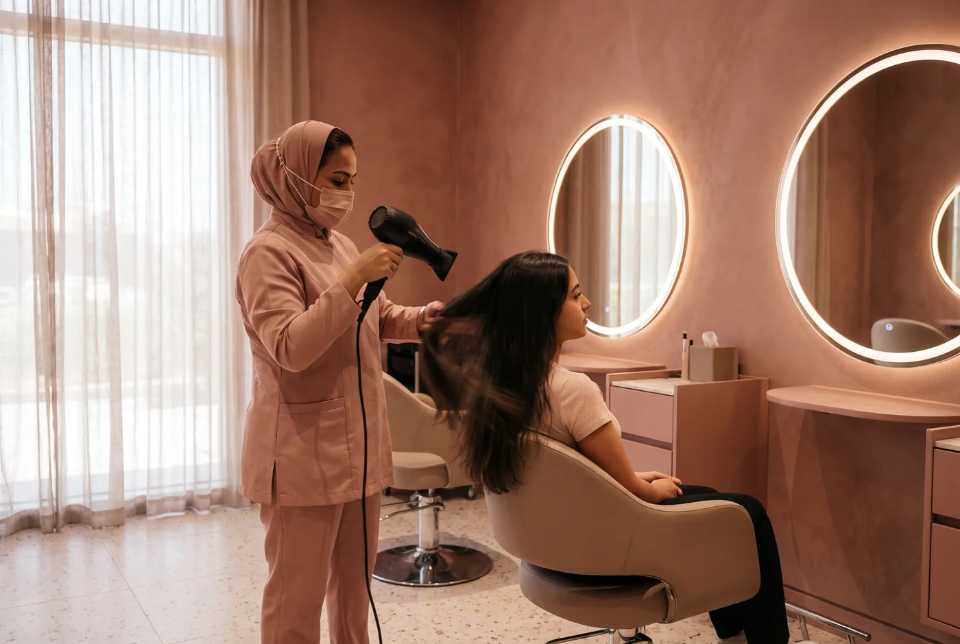 A stylist blow-drying a client's hair in a ladies' salon