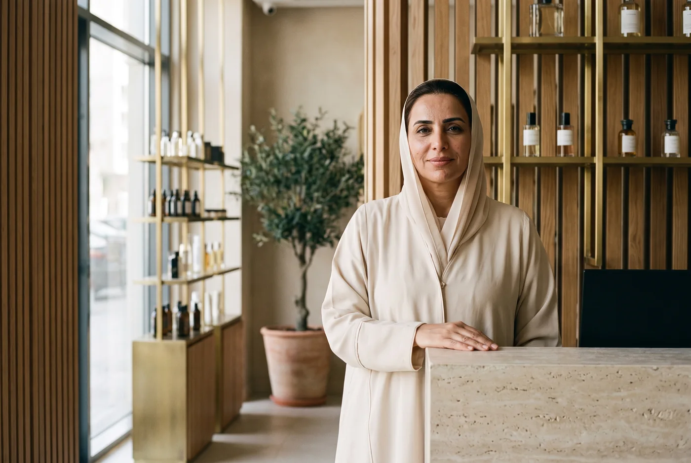 A salon owner at her reception counter in Dubai